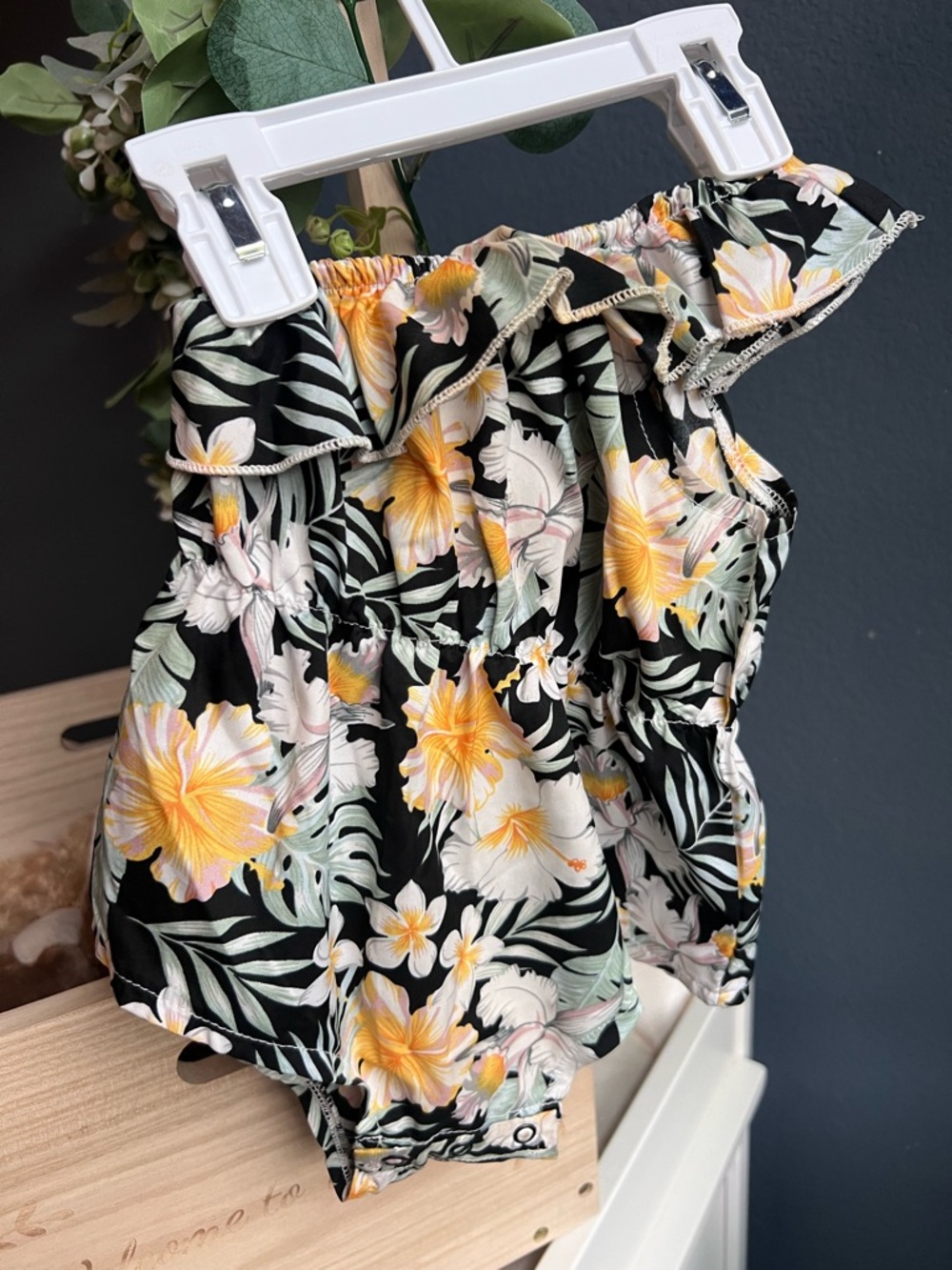 SHEIN Black Tropical Floral Ruffled Baby One-Piece